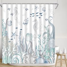 Ocean Shower Curtain, Underwater Animals Starfish Turtles Coral Fish Schools Octopus Shells Seahorses Print Bathroom Decoration