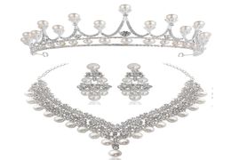 White Crystal Pearl Crown Earrings Necklace Jewelry Sets Bridal Wedding Jewelry Elegant Fashion Cubic Zirconia diamond jewelry5764019