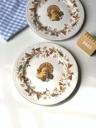 Plates Turkey Pattern Ceramic Plate Round Pasta Steak Dinner Disc Thanksgiving Fruit Salad Platter Afternoon Tea Dessert Cake Dish