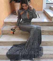 New Designer Grey Mermaid Prom Dresses High Neck Long Sleeves Sequined Sweep Train Evening Dress Party Wear Formal Dress Robe4447180