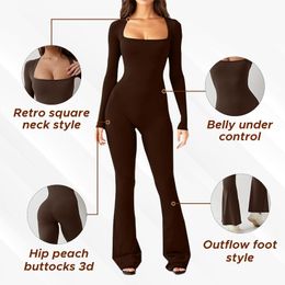 Women's High-stretch Square-neck Jumpsuit Long-sleeved Bell Bottoms Bodybuilding Wide Leg Full Length Romper Playsuit Streetwear