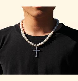 8MM 10MM Simple Cross Pearl Necklace For Men Hop Hop Women Trendy Rapper Chians Necklaces Pendant Accessories Unisex Jewelry240q7294320