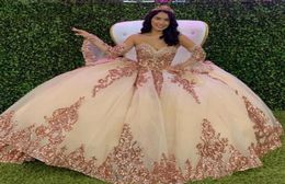 Rose Gold Sparkly Quinceanera Prom Dresses 2020 Modern Sweetheart Lace Applique Sequins Ball Gown Tulle Vintage Evening Party Swee2067948