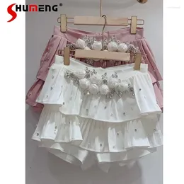 Skirts 2024 Spring Summer Heavy Industry Beads Flower Ruffled Tiered Short Skirt Women's A- Line Mini Slimming Skort