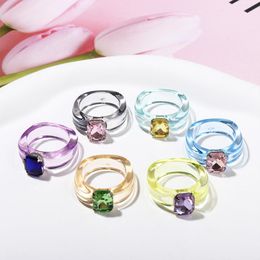 Trend Colorful Women's Resin Mood Ring Vintage Simple Acrylic Rings With Rhinestone Geometric Hip Hop Plastic Rings Jewelry