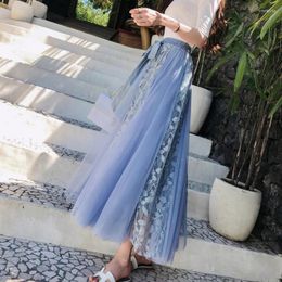 Skirts TingYiLi Tie Waist Lace Mesh Long Skirt Spring Summer Women Blue Beige Pink Black Tulle Korean Style Fashion Ladies