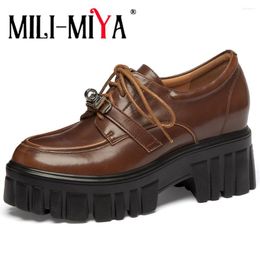 Dress Shoes MILI-MIYA Classic Casual Style Women Full Genuine Leather Pumps Round Toe Lace Up Thick Heels Platform Solid Color Handmade