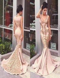 2018 Gorgeous Mermaid Long Evening Dresses Gold Lace Applique Prom Dresses Saudi Arabic Elegant Style Party Gowns9854437