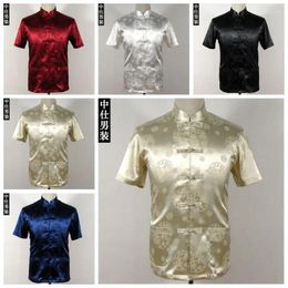 Ethnic Clothing Glossy Satin Silk Men's Top Outerwear Chinese Spring Autumn Plus Size Short Sleeve Tang Suit