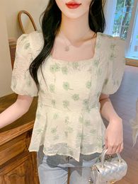 Women's Blouses 2024 Summer Niche Chic Embroidery Beautiful Green Waist Shirt French Short Sleeve Floral Top Woman