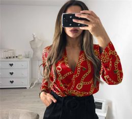 2019 Vintage Silk Rompers Womens Jumpsuit Long Sleeve Chain Print Top Shirt Ladies Deep V Neck Key Printed Sexy Satin Bodysuits7350968