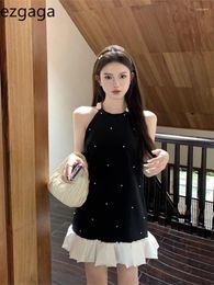Casual Dresses Ezgaga Mini Dress Woman Summer Sleeveless Beaded French Style Chic Vintage Black Ruffles Patchwork Sexy Female