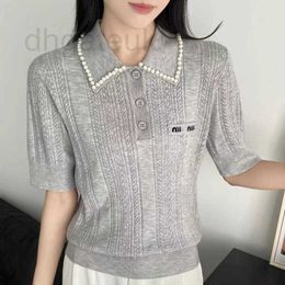 Women's T-Shirt designer brand 24 Early Spring New Elegant Pearl Edge Polo Neck Wool Jacquard Short Sleeve Knitted Sweater for Women JE0J