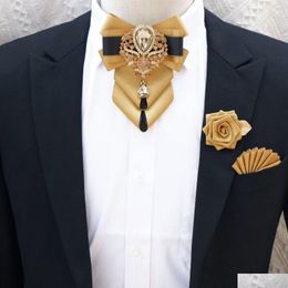 Bow Ties Luxury Tie Brooch Pocket Towel Set Mens High-End Jewelry Gift Fashion British Korean Men Wedding Accessories 230215 Drop Del Dhzbf