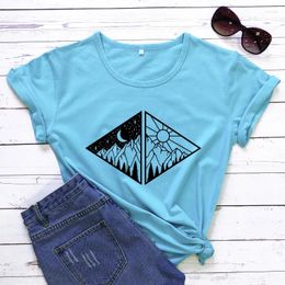 Women's T Shirts Sun And Moon Landscape T-shirt Aesthetic Summer Graphic Camping Tee Top Fashion Women Adventure Hiking Tshirt Drop