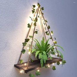 Decorative Plates Wall Hanging Shelf With Led Light Rustic Bohemian Decoration Wooden Artificial Green Leaves For Room