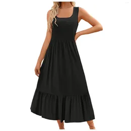 Casual Dresses Women Spaghetti Strap Beach Dress High Waisted Square Neck Flowy Tiered Black Summer Sleeveless Big Swing A Line