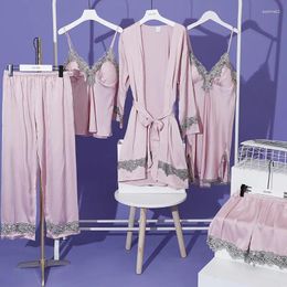 Home Clothing 2024 Women's 5PCS Pyjamas Sexy Five Piece Set Satin Nightwear Lace Suspender Bathrobe Nightgown Casual Fashion Wear