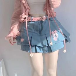 Summer Sweet Lolita Denim Skirt Girls Cute High Waist Casual Bow Tiered Skirts Women Korean Hearts Embroidery Sexy Mini Skirt