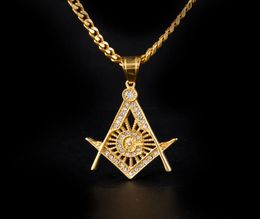 Hip Hop Gold Plated Ma Charm Pendant Iced Out Crystal Stainless Steel Silver Tone Freemason Pendant Necklace Collar Chain6269243