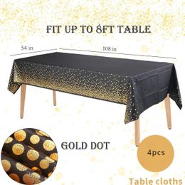 4PcsTable Cloth Cover Disposable, Black Gold Tablecloth Rectangle Tables, Birthday Wedding Party Supplies Decorations