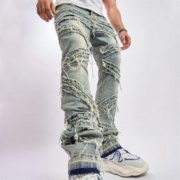 Men Vintage Stylish Loose Ripped Patch Jeans Pants Streetwear Male Solid Casual Straight Denim Trousers 240403