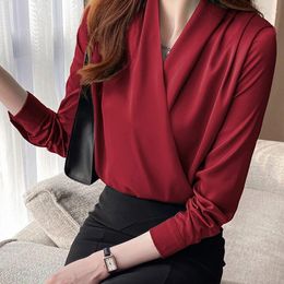 Women's Blouses Spring Autumn Long Sleeved Satin Shirts Women Fashion Solid Colour V-neck OL Work Shirt Basic All-Match Chiffon Clothes