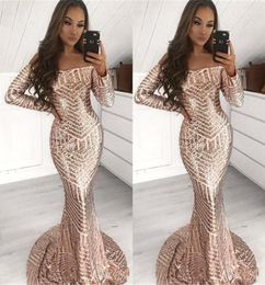 Cheap Full Sequins Mermaid Prom Dresses Long Sleeve Off Shoulder African Black Women Occasion Party Gowns Evening Dress Wear BC1644662753