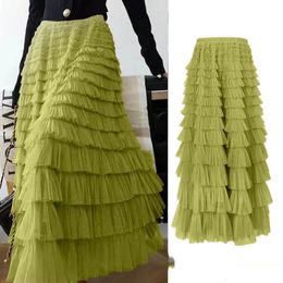 Summer Spring Womens Multilayer Ruffles Tulle Skirt Pleated High Waist Fluffy Maxi Fairy Cake Dress Long Tutu Party 240329