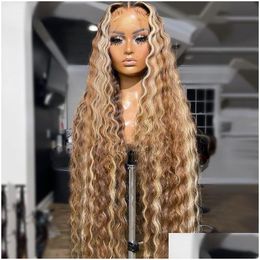 Synthetic Wigs 40Inches Long Brazilian Hair Highlight Brown Blonde Deep Wave Lace Frontal Wig Pre-Plucked Honey Front For Women Heat Dh4Tg