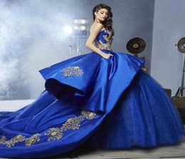 Royal Blue Ball Gown Quinceanera Dresses Sweetheart Embroidery Appliques Beading Gold Satin Tulle Luxury Sweet 16 Dresses Sweep Tr8376538