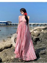 Casual Dresses Women Pink Printed Summer Deep V Neck Slip Sundress Sexy Sleeveless Beach Clothes 2024 Ladies Backless Bandage Pleated Dress