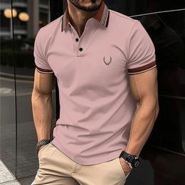 European and American mens Polo shirt summer printed Tshirt casual button breathable business suit short sleeved 240402