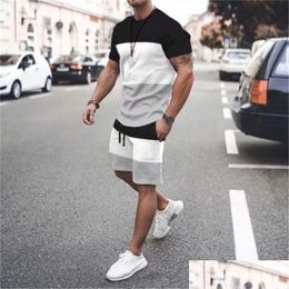 Men'S Tracksuits Summer Men Sets Short Sleeve T Shirt Suit Print Color Matching Tracksuit Casual Oversized Tops And Shorts Breathable Dhbbs