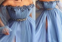 Fairy Sky Blue Prom Dresses Appliques Pearl A Line Jewel Poet Long Sleeves Formal Evening Gowns Front Split Plus Size vestidos de 9636407