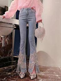 Women's Jeans Heavy Industry Beads Split Women 2024 Spring Autumn High Waist Female Fashion Embroidery Flared Pants