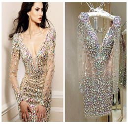 Bling Rhinestone Cocktail Dresses Party Gowns Sexy Deep V Neck Long Sleeve Short Prom Dress Special Occasion Dresses for Women Rea4932730