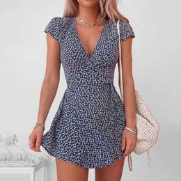 Casual Dresses Sexy V-neck Wraped Floral Print Dress Women Fashion Elegant Short Sleeve Bandage High Waist Holiday Boho Sundress