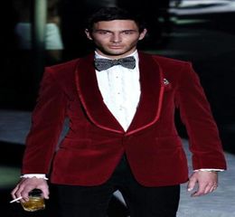 New Stylish Design Groom Tuxedos One Button Red Velvet Shawl Lapel Groomsmen Man Suit Mens Wedding Suits JacketPantsTie 97407848