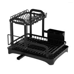 Kitchen Storage 2 Tier Dish Drainer With Drip Tray Drying Rack Chopstick Holder Cutting Board 360-Degree Retractable Drain