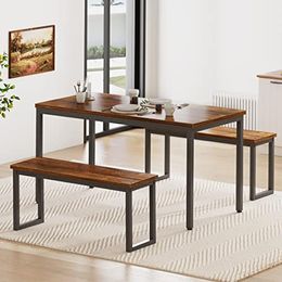 Kitchen Table Set with 2 Benches, Bench Dining Table Set for 4, 3 Piece Breakfast Coffee Table Set,Industrial Brown