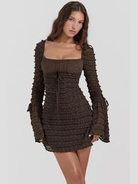 Casual Dresses Fashion Solid Colour Multi-Layer Lace Long Sleeve A- Line Dress A-Swing