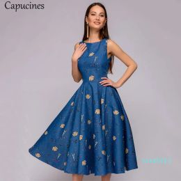 Dresses Hot Sale Capucines Elegant Vintage Dot Printing ALine Women Summer Sleeveless ONeck MidCalf Casual Dress Female Vestidos