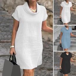 Casual Dresses Women Summer Dress Scarf Collar Short Sleeve Loose Soft Solid Colour Pullover Knee Length Daily Commute Midi