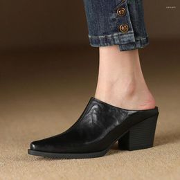 Slippers Summer Women Mules Split Leather Shoes For Cover Toe Chunky Heel Concise Pointed Black Sandals