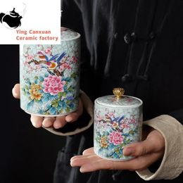 Chinese teapot Exquisite Painted Flowers and Birds Tea Caddies Travel Ceramic Tea Container Jar Coffee Beans Biscuits Candy Seal 240401