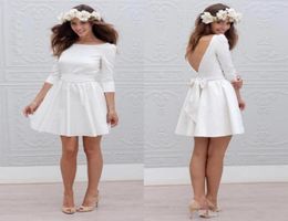 Cheap Informal Short Wedding Dresses With 34 Sleeve Simple Cheap Mini Reception White Bridal Gowns Sexy Open Back Wedding Party D6250241