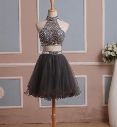 2021 In Stock Real Homecoming Dress Two Pieces Grey Tulle Graduation Gown with Rhinestones High Neck Short Prom Cocktail Party Gow2718881