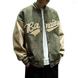 Men's Jackets Men Baseball Coat Embroidered Suede With Stand Collar Side Pockets Retro Green Outwear For Spring Autumn