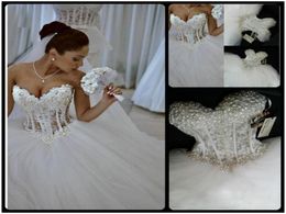 2020 Luxurious Bling Sweetheart Wedding Dresses Corset Bodice Sheer Bridal Ball Pearl BeadsTulle Wedding Gowns Vestido De Noiva2733369